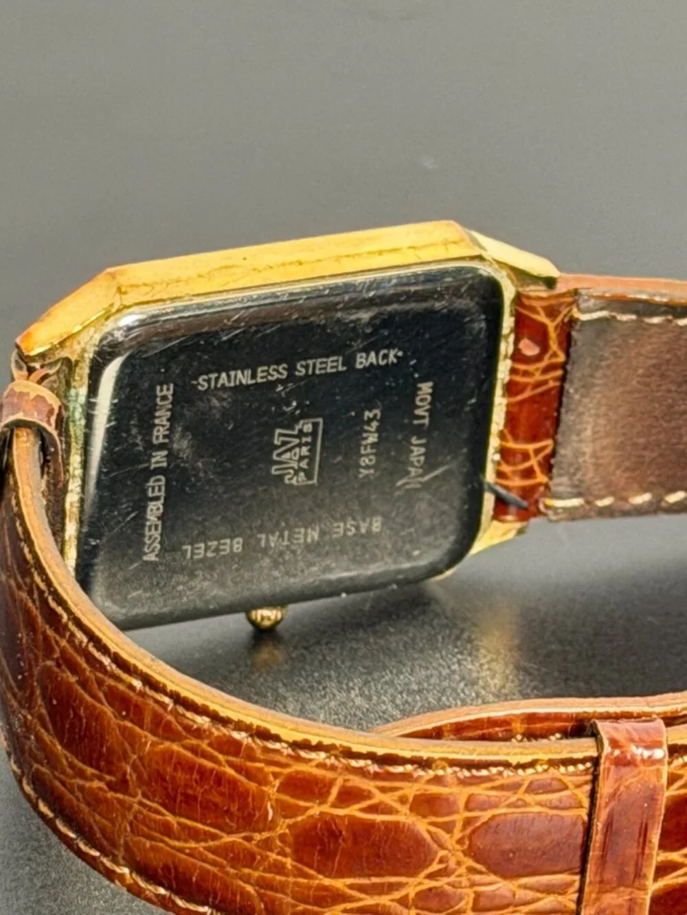 JAZ Paris Vintage Rectangular Quartz Wristwatch Gold Tone Date Leather Band
